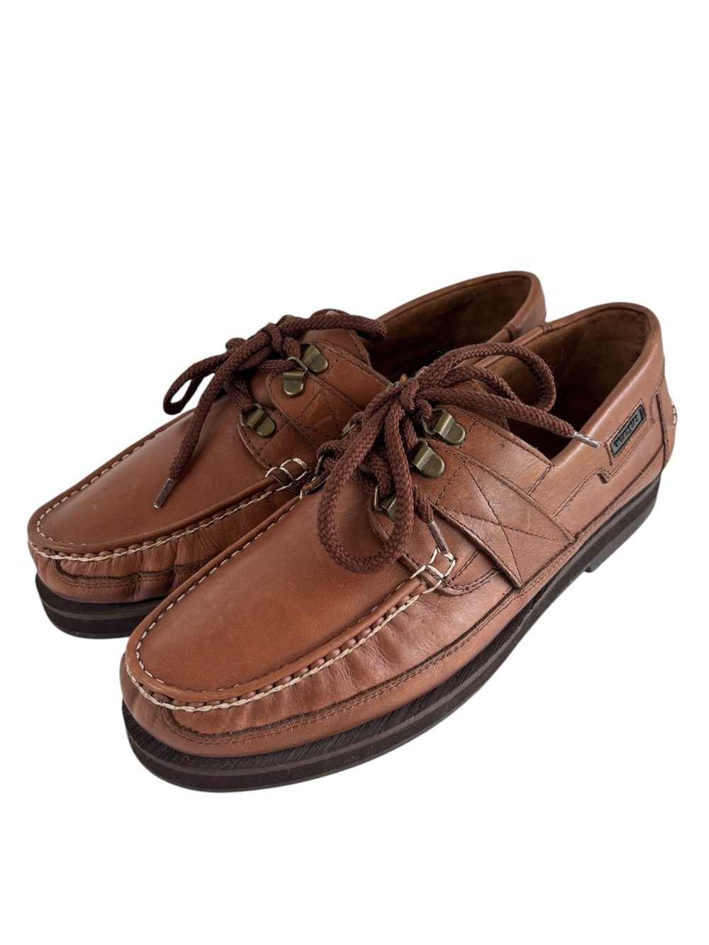 Wrangler Brown Leather Boat Shoes Mens 9.5 M Rugged Sole Crafted in Brazil NEW!